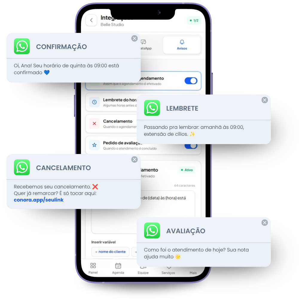 Exemplos de notificações automáticas enviadas pelo WhatsApp